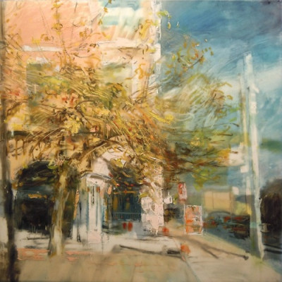 Street Tree. Oil stick on mylar over acrylic on canvas, 12" x 12", 2014  SOLD