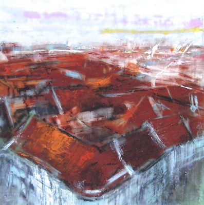 Rooftops, Copenhagen. Oil stick and charcoal on duralar over acrylic on paper, 3.5" x 3.5", 2015 SOLD