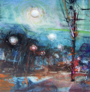 Streetlamps. Oil and charcoal on mylar over acrylic on paper, 3.5" x 3.5", 2013 SOLD