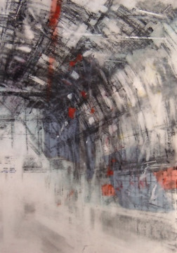 Train Station, Amsterdam. Charcoal and crayon on vellum over acrylic on paper, 4" x 5.5", 2015 SOLD