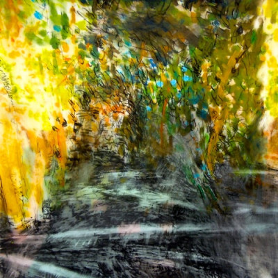 Night Trees. Oil and crayon on mylar over acrylic on paper, 18" x 18", 2013  SOLD