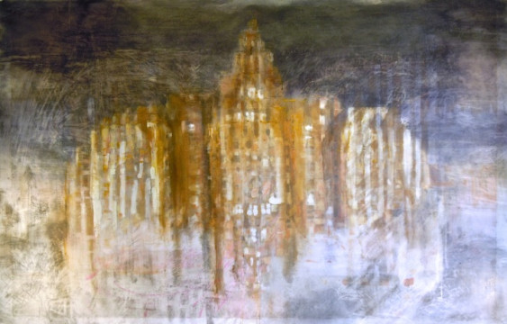 Central Building. Oil and graphite on vellum over acrylic on paper, 34" x 53", 2013  SOLD