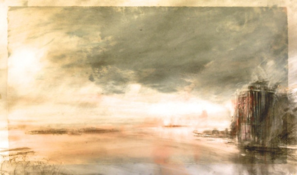 Islands Under Cloud. Charcoal on vellum over acrylic on paper, 18" x 30", 2013  SOLD
