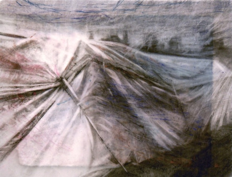 Tarp with City. Charcoal on vellum over acrylic on paper, 5.25" x 6.75", 2012  SOLD