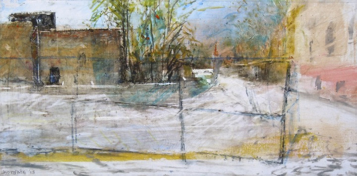 Fence and Laneway. Oil stick on duralar over acrylic on panel. 6" x 12", 2015 | SOLD