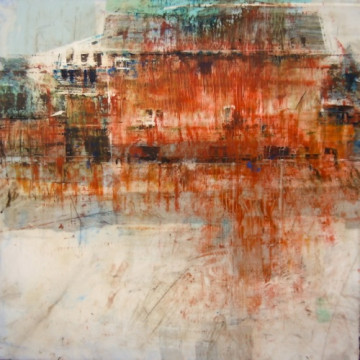 House without Garden. Oil stick on duralar over acrylic and collage on panel, 12" x 12", 2015 | SOLD