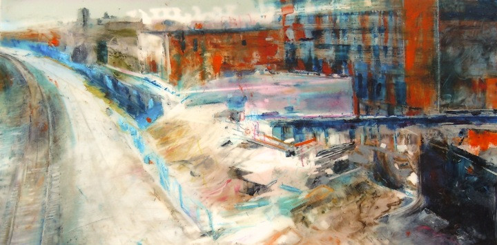 Old Factories. Oil stick on mylar over acrylic and collage on panel, 12" x 6", 2015 | SOLD