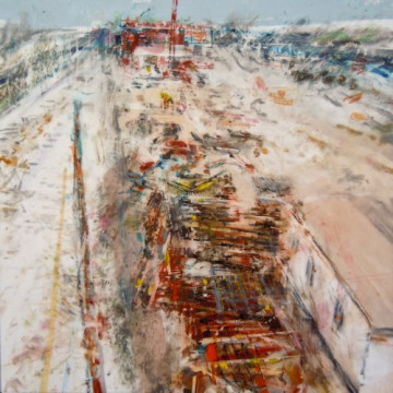 Railpath Construction. Oil stick on duralar over acrylic and collage on panel, 12" x 12", 2015 | SOLD