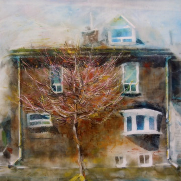 Spring is Coming. Oil and oil stick on mylar over collage on panel, 12" x 12", 2016 | SOLD