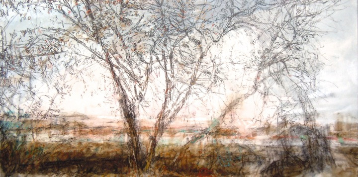 Trees in Late Autumn. Oil stick on duralar over acrylic on panel, 12" x 24", 2015 | SOLD