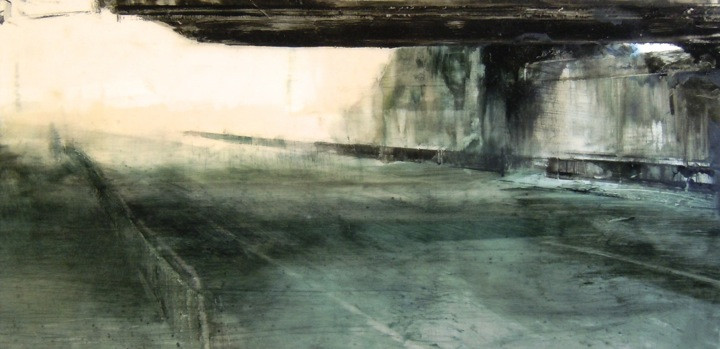 Underpass. Oil on duralar over acrylic and collage on paper, mounted on panel, 12" x 24", 2016 | SOLD