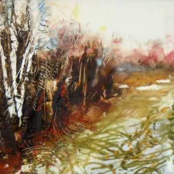 Ward's Island Path. Oil stick on duralar over acrylic and collage on panel. 6" x 6", 2016 | SOLD