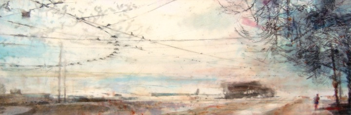 Wires Overhead. Oil stick on duralar over acrylic and collage on panel, 12" x 36", 2016 | SOLD