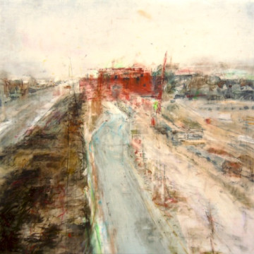 Railpath Factory. Oil stick on duralar over acrylic and collage on panel, 24" x 24", 2016 | SOLD