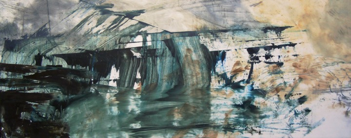 Underpass III. Oil and oil stick on duralar over acrylic on panel, 12" x 30", 2016 | SOLD