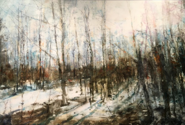 Early Spring Woods. Oil and oil stick on duralar over acrylic and collage on panel, 24" x 36", 2016 | SOLD