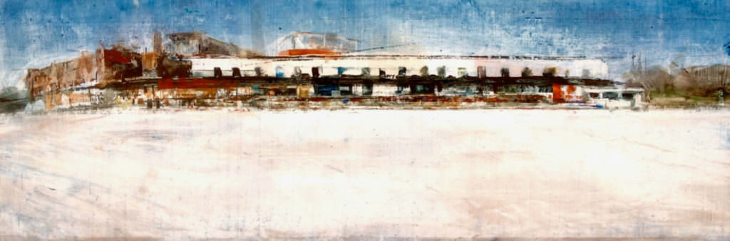 Across the Soccer Pitch, Winter. Oil and oil stick on duralar over acrylic and collage on panel, 12" x 36", 2017 | SOLD