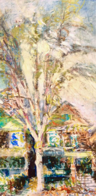 Charley's Birch, Early Spring. Oil and oil stick on duralar over acrylic and collage on panel, 6" x 12", 2017 | SOLD