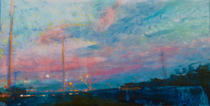 Highway at Sunset. Oil and oil stick on duralar over acrylic and collage on panel, 6' x 12", 2017 | SOLD