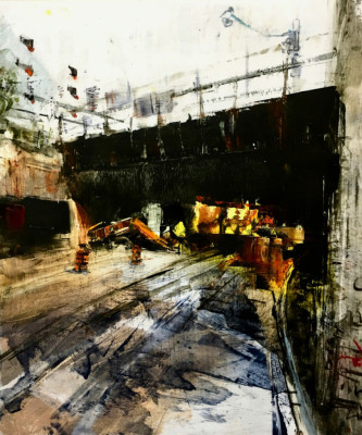 Underpass IX. Oil and oil stick on duralar over acrylic on panel, 10" x 12", 2018 | SOLD