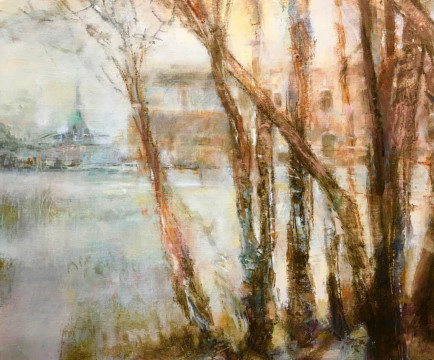 Trees with Factory and Steeple. Oil and acrylic on panel, 10' x 12", 2019 | SOLD