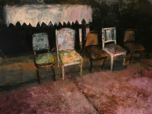 Chairs at Night. Oil on panel, 12” x 16”, 2021 | SOLD