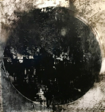Circle 3. Oil and staples on duralar, 30” x 32”, 2019 | SOLD