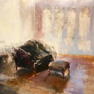For Every Couch, an Ottoman. Oil on panel, 24” x 24”, 2021 | SOLD