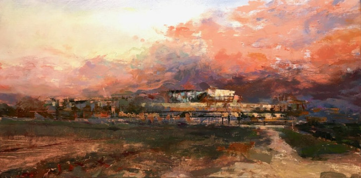 Sunrise Over the Soccer Pitch. Oil on panel, 12” x 24”, 2021 | $1,300