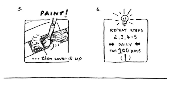 Step 5. Paint a small painting in the exposed rectangle. Step 6. Repeat steps 2, 3, 4 and 5 daily for 100 days.
