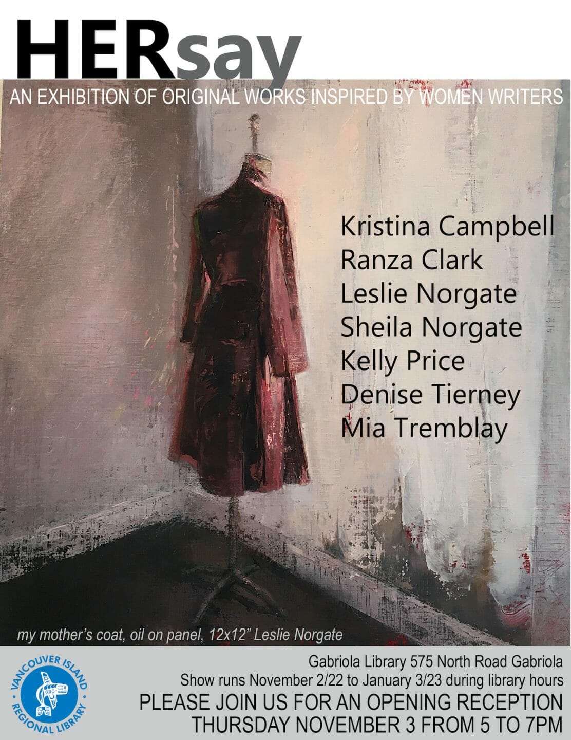 HERsay show poster featuring My Mother's Coat by Leslie Norgate. The show runs November 2, 2022 to January 3, 2023.